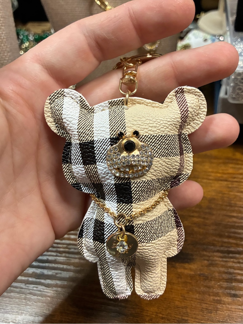 Plaid Bear Keychain Bag Charm - Beige Black Check